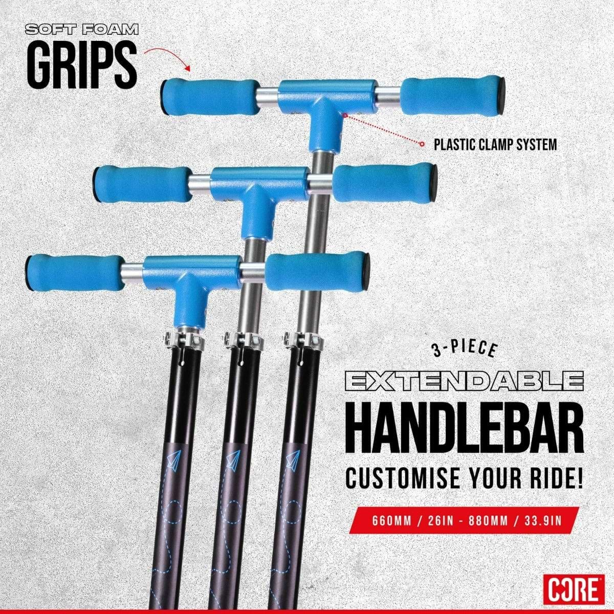 Illustration of three extendable handlebars in a black and blue color scheme, crafted for the CORE Foldy Kids LED Foldable Scooter. These handlebars include soft foam grips and a durable plastic clamp system. The text emphasizes adjustable length options of 660mm (26in) and 880mm (33.9in). Brand logo: CORE.