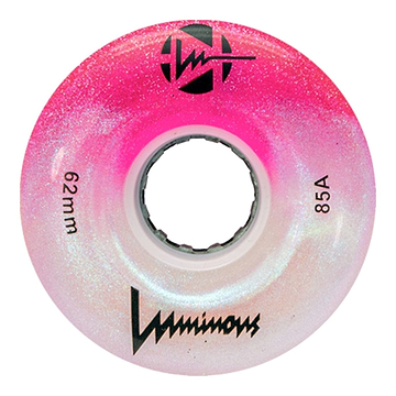 The Luminous LED 85A Quad Roller Skate Wheel in Cotton Candy (62mm) by Luminous features a pink and white glittery finish, stylized branding, “85A” durometer, and a center hole for the axle.