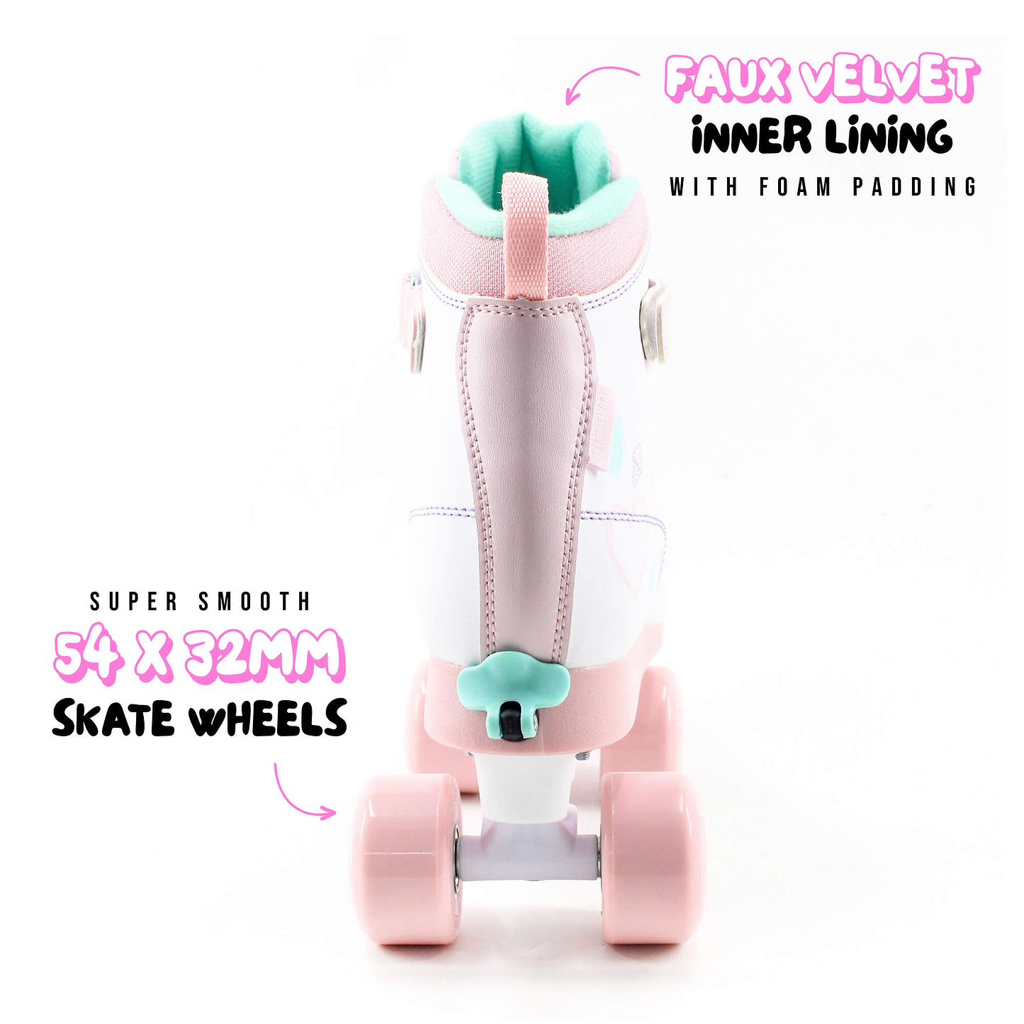 The CREAM Scoop Hearts Adjustable Quad Roller Skates in White and Pink are shown from behind, featuring a faux velvet mint green inner lining, foam padding, and smooth 54x32mm pink wheels. Crafted with vegan leather, these adjustable quad skates provide both comfort and style. Text annotations highlight these features on a white background.