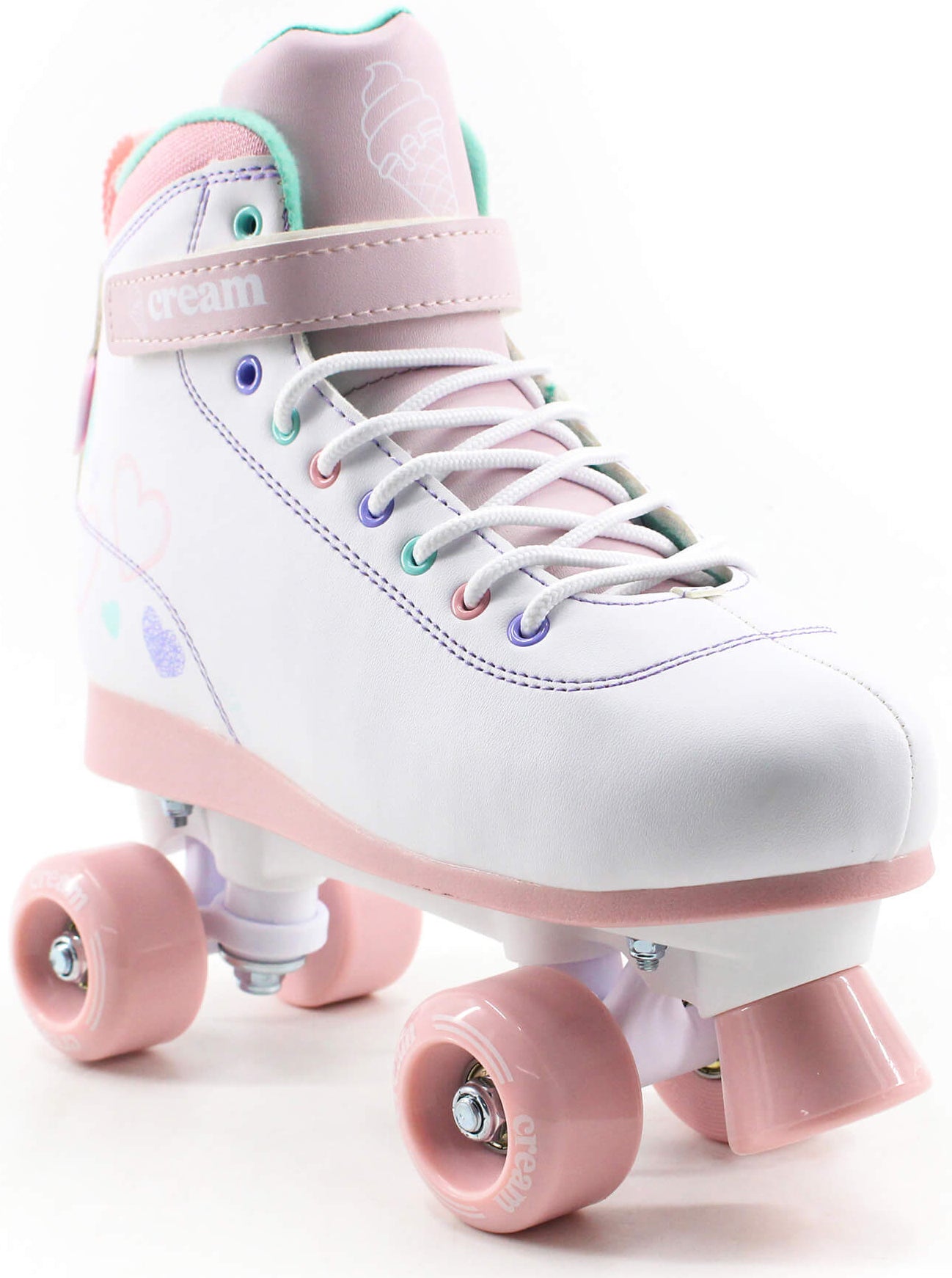 Introducing the CREAM Scoop Hearts Adjustable Quad Roller Skates in White and Pink—these playful vegan leather skates feature a high-top lace-up design, soft pink wheels, and an adjustable ankle strap adorned with an ice cream cone graphic. The sides are decorated with small colorful hearts and a cheerful pastel pattern, making them perfect beginner skates for fun outings.
