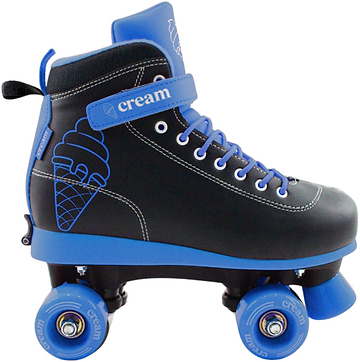 Introducing the CREAM Scoop Vivid Adjustable Quad Roller Skates in Black and Blue, featuring blue wheels, white laces, and an eye-catching ice cream cone graphic on the side. The word "CREAM" is printed on both the strap and wheels, making these stylish quad skates from CREAM perfect for beginner skaters who value both comfort and flair.