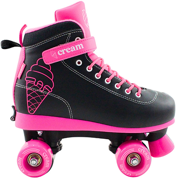 The CREAM Scoop Vivid Adjustable Quad Roller Skates in black and pink feature vibrant pink wheels, matching laces, and an adorable ice cream cone design on the side. Made from durable vegan leather, these beginner-friendly roller skates showcase the word "cream" on both the strap and wheels for a playful touch of sweetness.