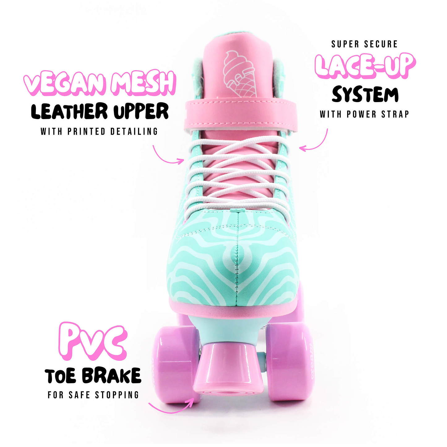 Front view of the CREAM Scoop Wave Adjustable Quad Roller Skates in teal and pink, made with a vegan mesh leather upper, lace-up system, and PVC toe brake. These beginner skates from CREAM combine light teal and pink accents with purple wheels, offering both style and comfort for those just starting out.