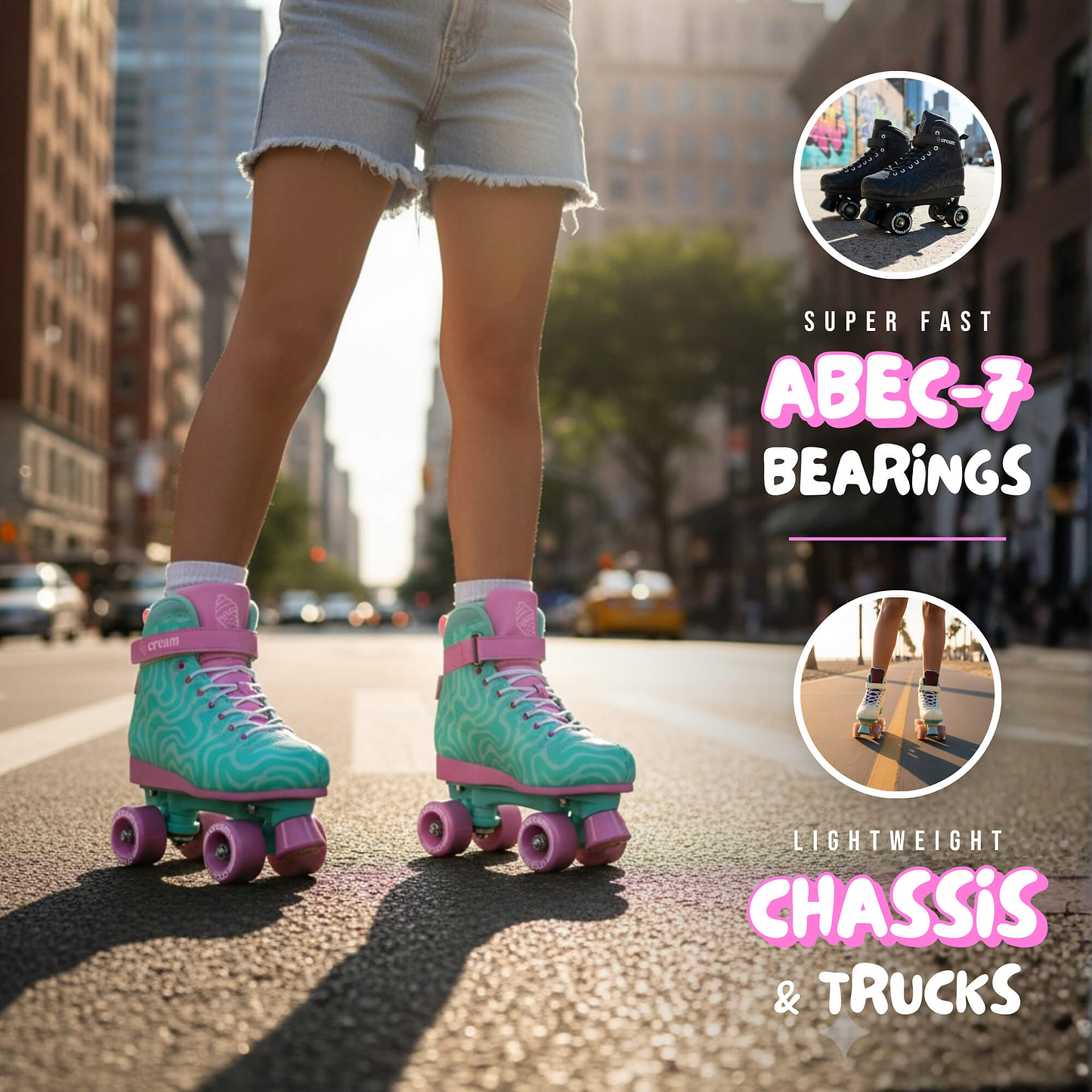 A person wearing CREAM Scoop Wave Adjustable Quad Roller Skates in teal and pink stands in the street; text highlights "Super fast ABEC-7 bearings" and "Lightweight chassis & trucks," with close-up insets of skate components. These CREAM quad roller skates are adjustable and ideal for beginners, offering vibrant style along with performance features.