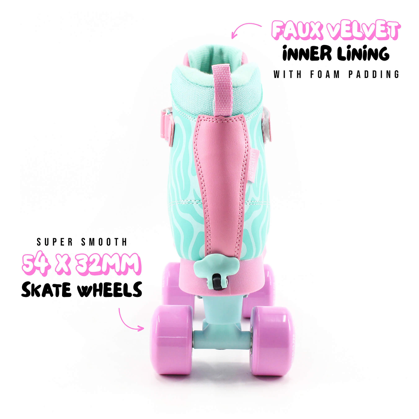 The CREAM Scoop Wave Adjustable Quad Roller Skates in Teal and Pink feature soft pink wheels, a faux velvet inner lining with foam padding, and super smooth 54 x 32mm skate wheels—making these beginner skates from CREAM a stylish and comfortable choice for those just getting started.