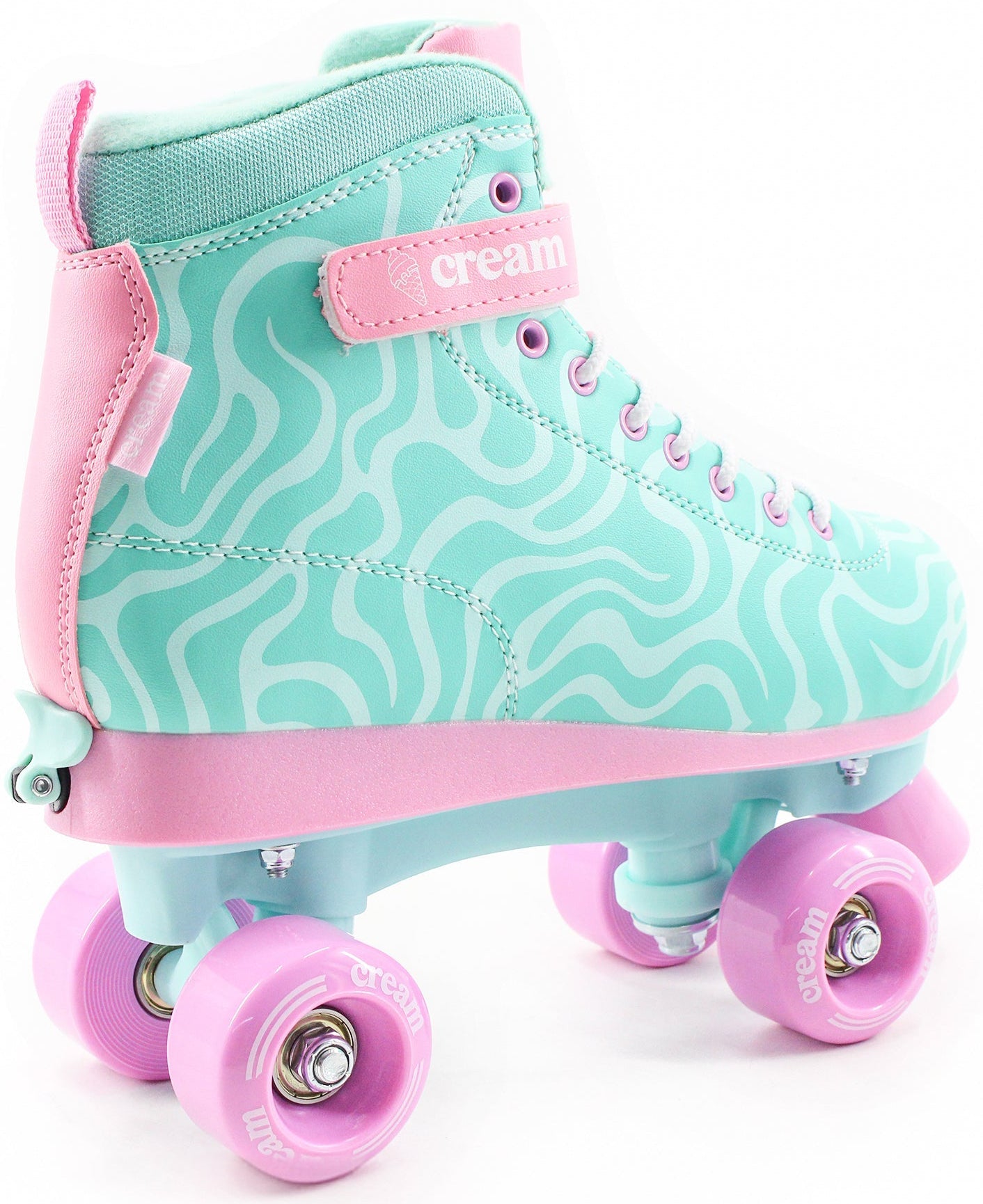 The CREAM Scoop Wave Adjustable Quad Roller Skates in teal and pink feature a wavy pattern, pink wheels, and a high-top design. The word "cream" appears on both the side and the wheels, making these adjustable quad roller skates a stylish choice for those seeking standout gear from the CREAM brand.