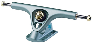 A skateboard truck with a cut-out design, crafted through an alloy forming process, featuring a silver finish with a gold bolt and black bushings. This truck is designed for mounting on a skateboard deck to provide stability and support for the wheels, similar to the Paris V3 Crystal Blue Longboard Trucks from Paris.