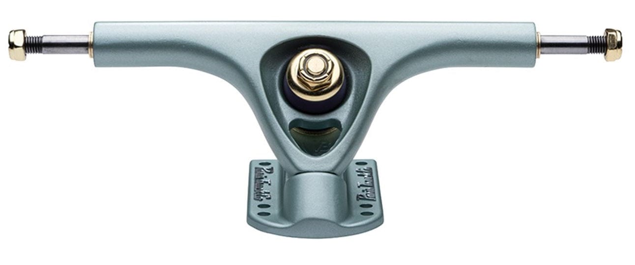 Close-up of a Paris V3 Crystal Blue longboard truck, meticulously crafted from an advanced alloy. It boasts a central kingpin and black bushing, with mounting holes on its base plate. The axles stretch outward and are secured with black nuts, capturing the durability reminiscent of the renowned Paris V3 Longboard Trucks collection.