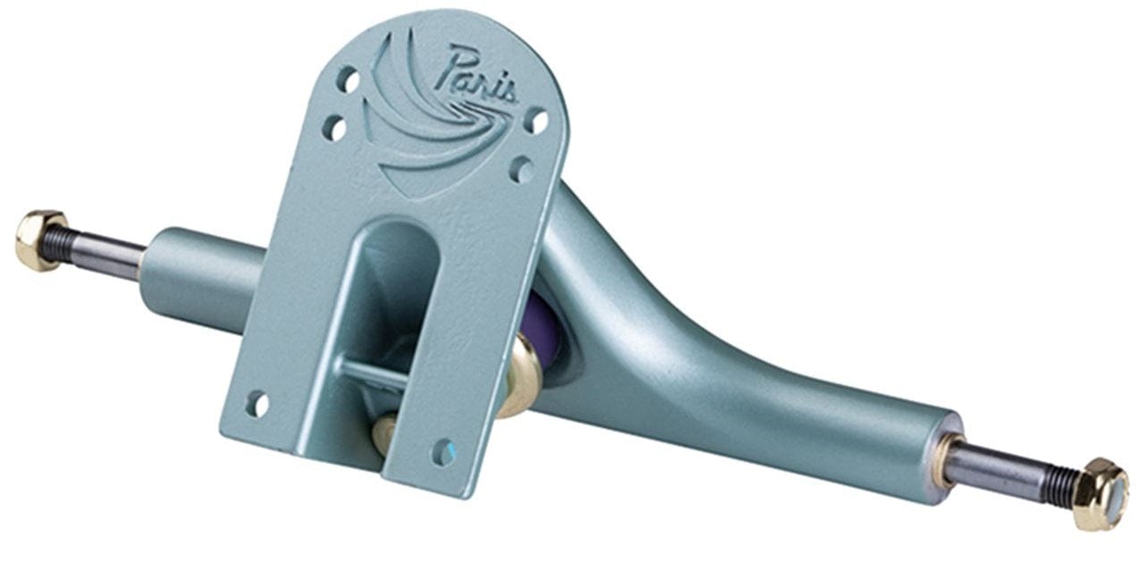 Introducing the Paris V3 Crystal Blue Longboard Trucks, featuring "Paris" engraved on the mounting plate. These trucks come with two threaded axles for wheel attachment and boast a sleek, streamlined design enhanced by T6 heat treatment for improved durability.