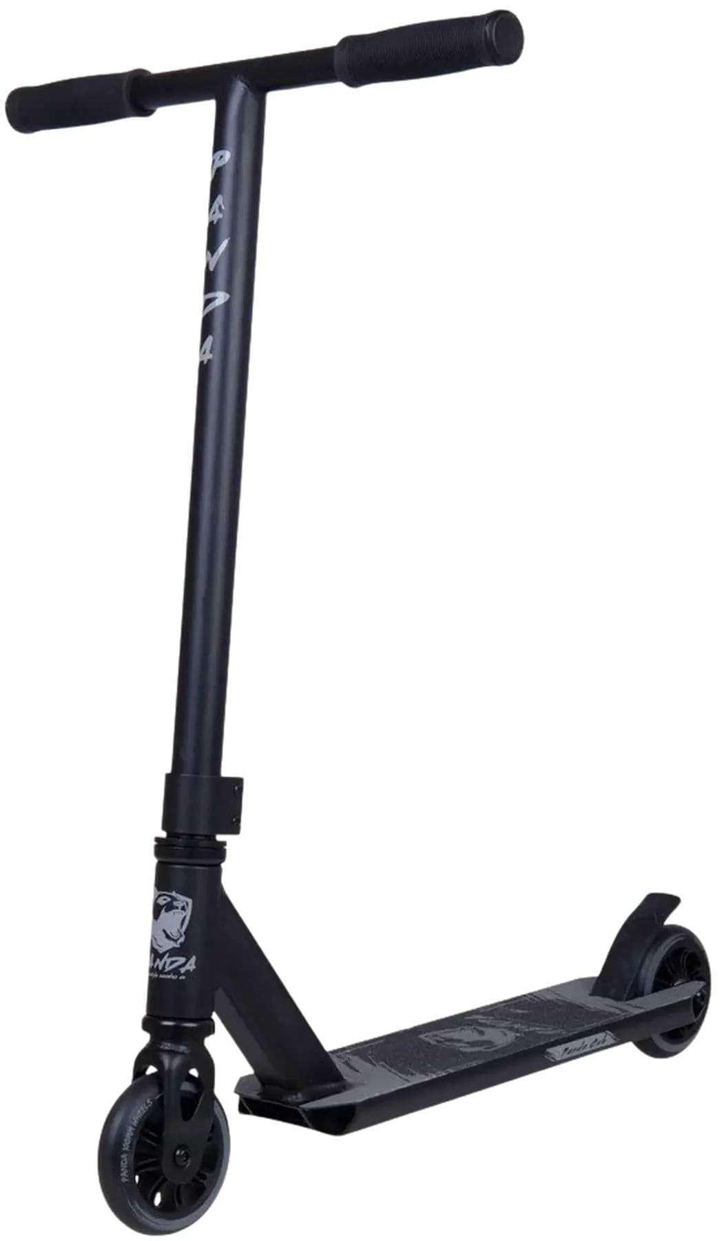 The Panda Cub Complete Stunt Scooter - Black by Panda is designed for young riders, featuring a T-shaped handlebar, small wheels, and a non-slip deck, shown at an angle on a white background.
