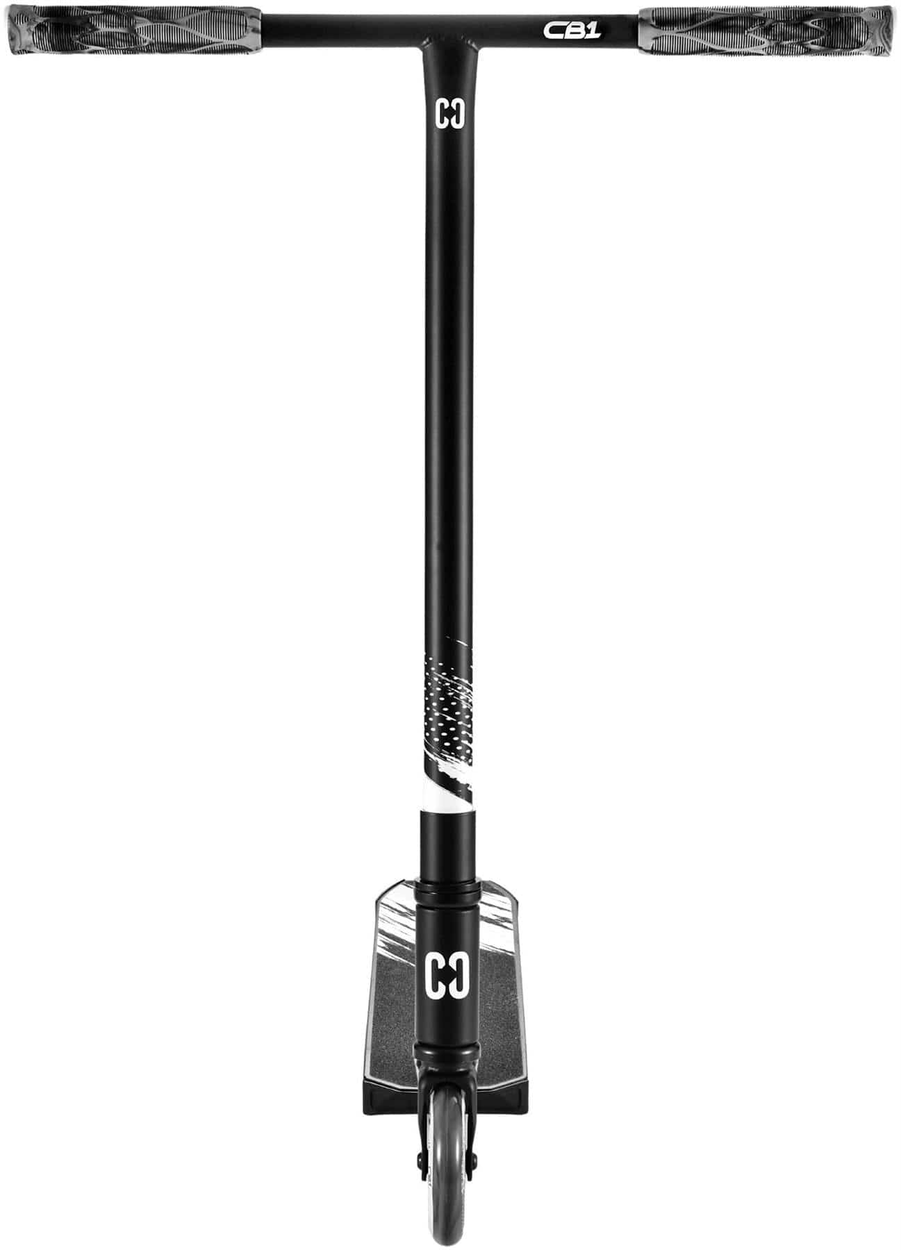 The CORE CB1 Beginner Complete Stunt Scooter in black features a front-facing T-shaped handlebar with "CB1" branding and a single front wheel—perfect for beginners seeking a reliable stunt scooter from CORE.