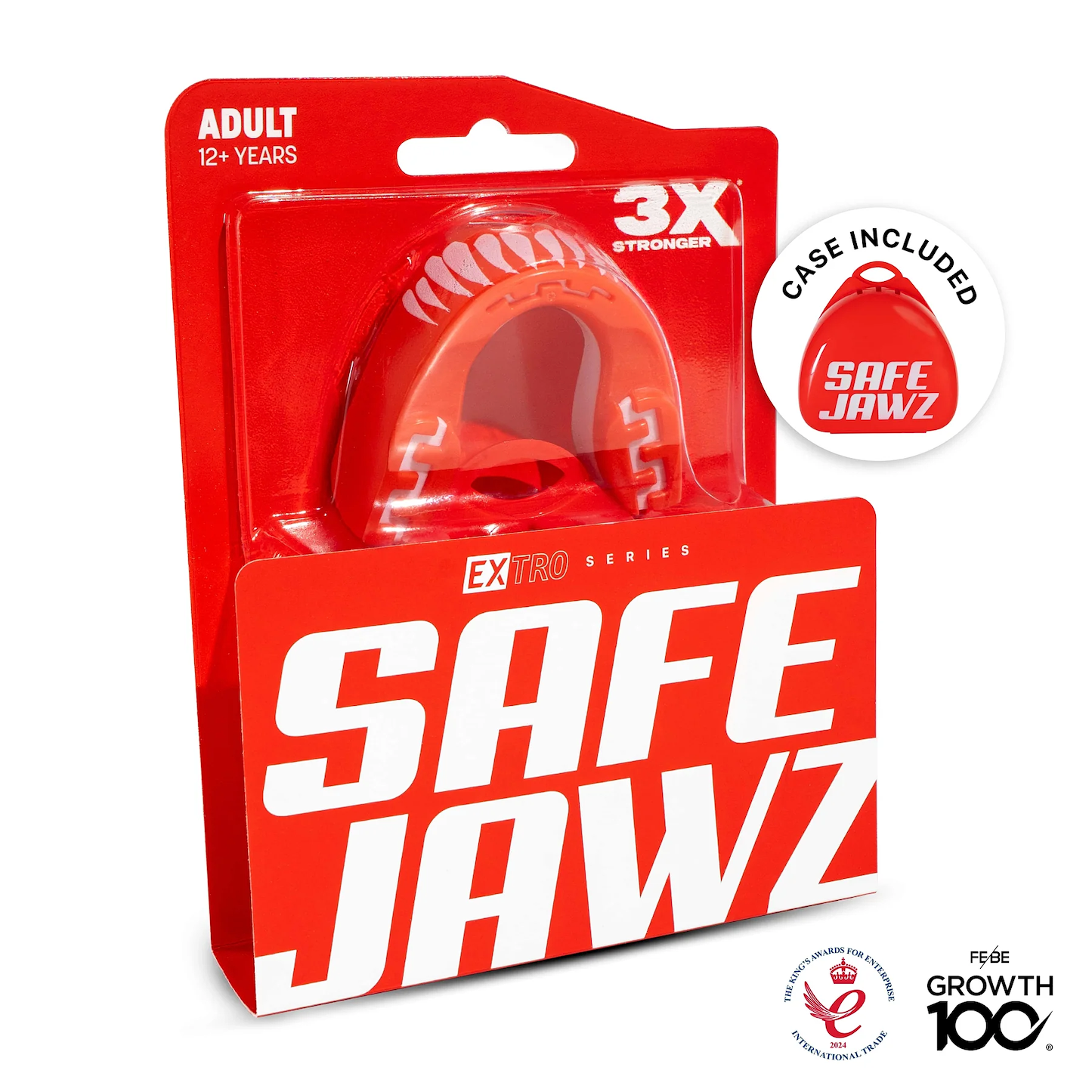 The Safejawz Extro Series Protection Mouthguard - Viper comes in red and white packaging with a clear mouthguard in a red case. Text highlights "3X stronger," "case included," awards, and suitability for ages 12+ years.