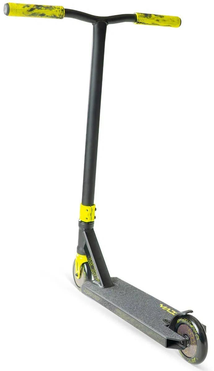 The Madd Gear Viral Rave Complete Stunt Scooter - Neon by MGP, featuring a wide handlebar, textured foot deck, and two small wheels, is shown on a white background.