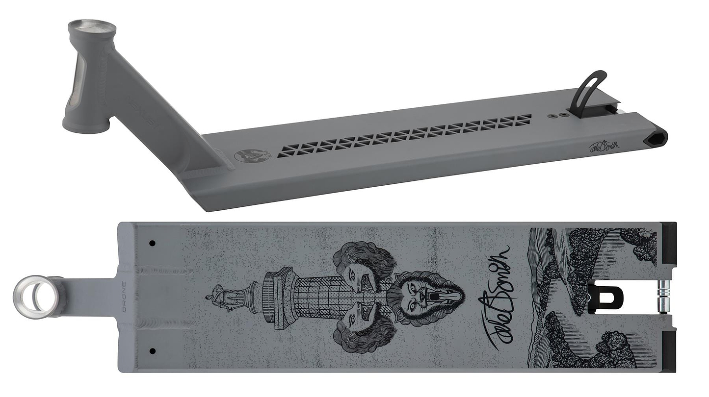 The Drone Nexus 'Jake B Smith' Grey Signature Stunt Scooter Deck - 6.0" x 22" is a lightweight, modern street deck featuring detailed graphics with a column and lion, a cutout pattern, an integrated brake, and proudly showcases Jake B Smith's signature logo.