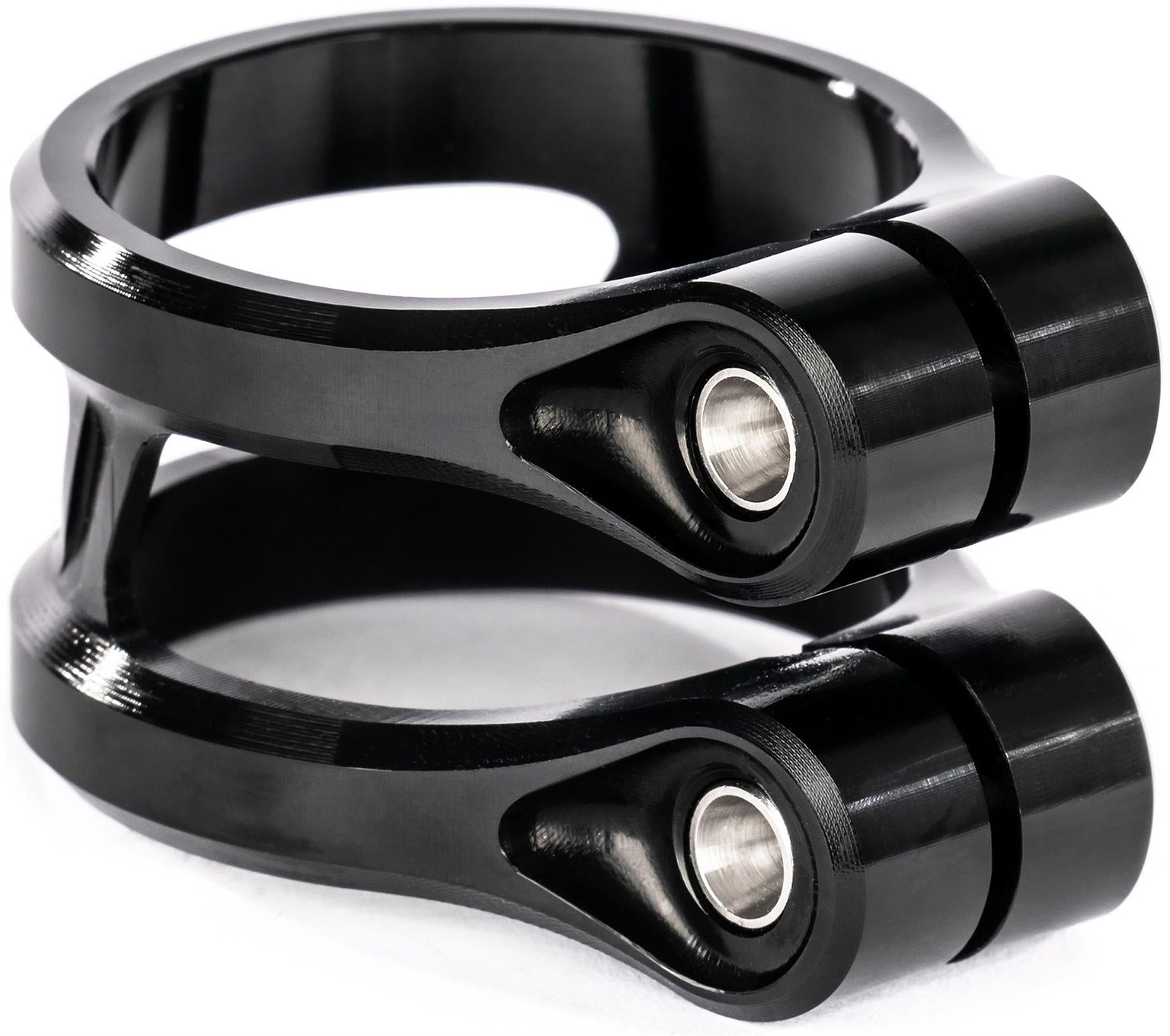 Close-up of the Ethic DTC Sylphe V2 2 Bolt Oversized Stunt Scooter Clamp in black—crafted from metal with a sleek finish and robust, modern design by Ethic.