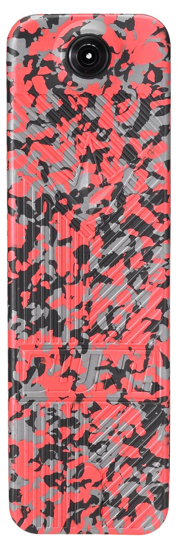 A rectangular object with a vibrant, abstract pattern in shades of red, black, and gray similar to the Blunt Envy TS Pro 7.5 Indoor Trampoline Stunt Scooter - Red Camo. The design includes irregular shapes and lines, featuring a circular lens at the top center, ideal for individuals aiming for a customizable scooter experience.
