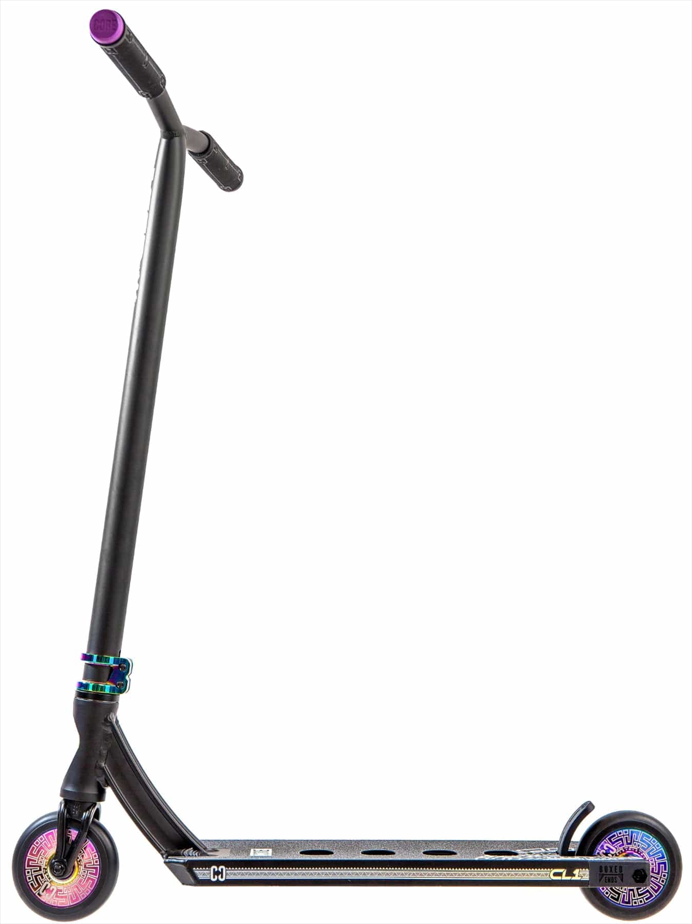 The CORE CL1 Complete Stunt Scooter by CORE features a black frame with neochrome wheels and clamp, angled handlebars, and a wide deck, as shown on a white background.