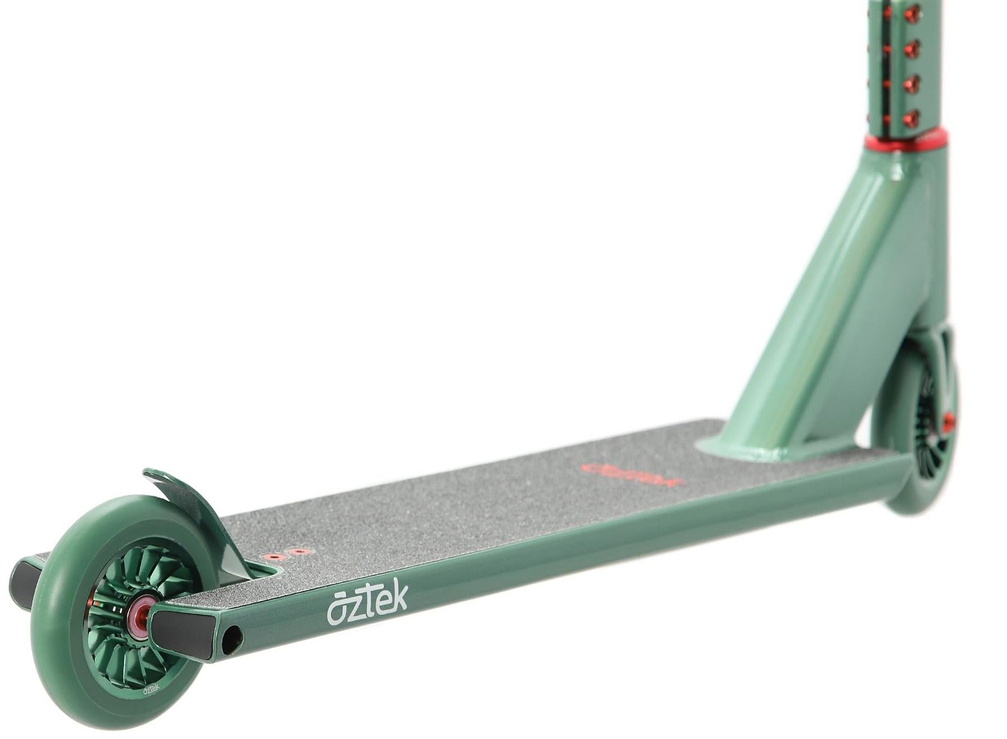 Close-up of the Aztek Architect 2 Complete Stunt Scooter in Sage Green, highlighting the deck, rear wheel, red-accented handlebar stem, and grip tape. Brand: Aztek.