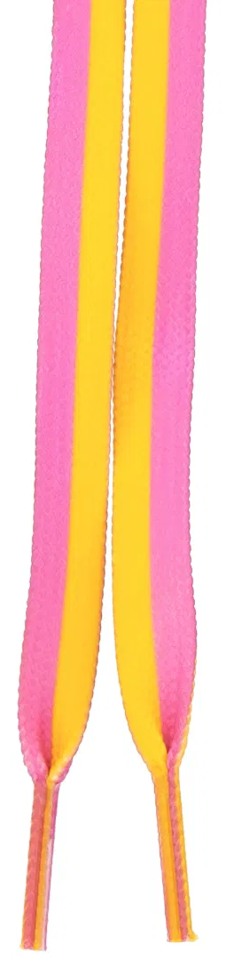 Two Criss Cross X Derby Laces Quad Roller Skate Laces in Pink/Yellow are shown side by side, each featuring a pink edge and yellow center stripe, close up on a white background. Brand: Criss Cross.