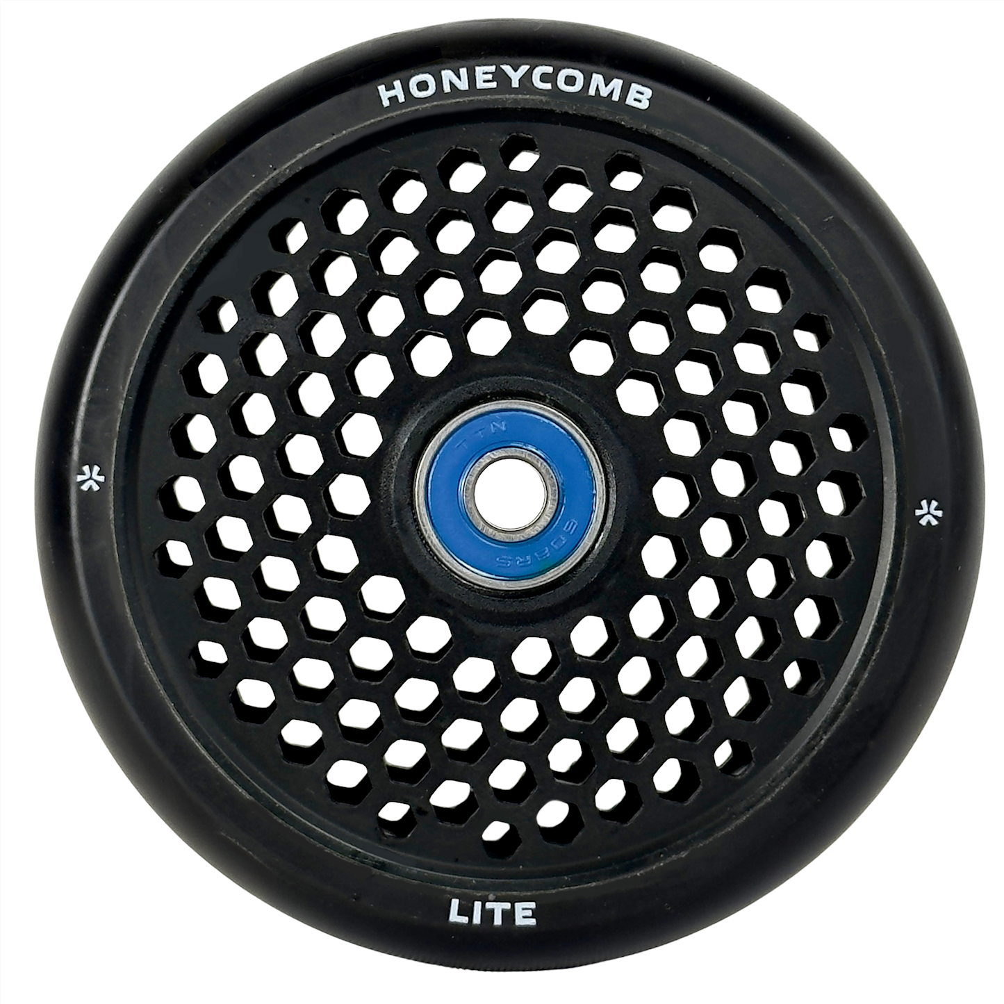 The Union Honeycomb Lite 110mm Stunt Scooter Wheel in black features a lightweight honeycomb center design, blue bearing, and "HONEYCOMB" and "LITE" printed along the outer edge.