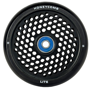 The Union Honeycomb Lite 110mm Stunt Scooter Wheel in black features a lightweight honeycomb center design, blue bearing, and "HONEYCOMB" and "LITE" printed along the outer edge.