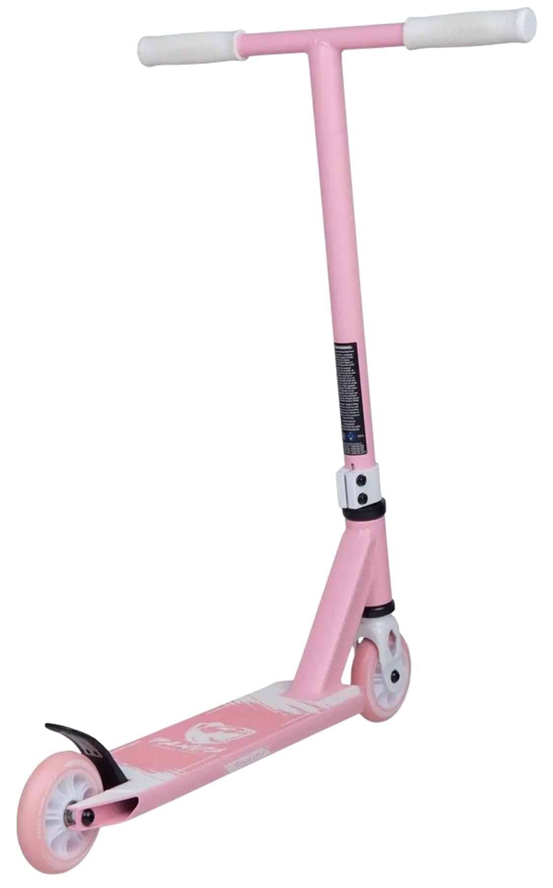The Panda Cub Complete Stunt Scooter - Pink by Panda features white handlebars and wheels, a sturdy frame, and a black rear brake—perfect for young riders seeking fun and safe adventures.