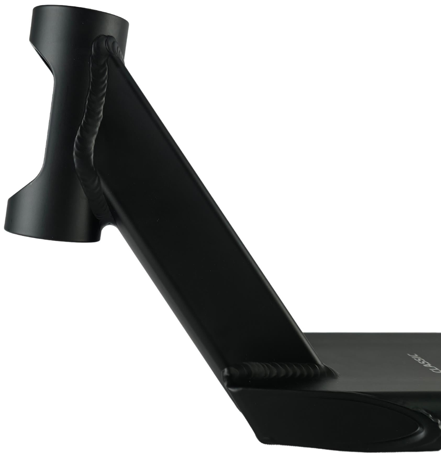 Close-up of the Union Classic Pro Black Stunt Scooter Deck - 4.75" by Union, highlighting the neck and headtube area with visible welds against a white background.