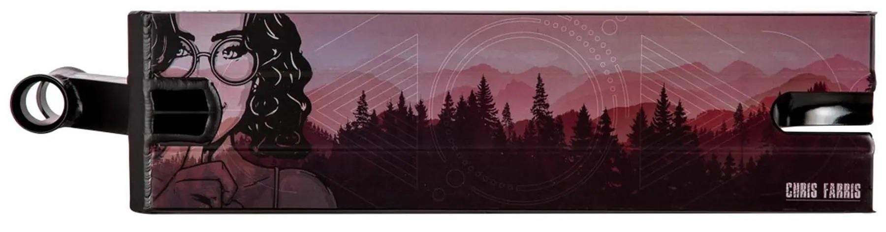 The Lucky Chris Farris Signature V1 Black Stunt Scooter Deck (6" x 22") features a rectangular shape, forest and mountain artwork, geometric lines, and a partial figure with glasses. "CHRIS FARRIS" is displayed in the corner.
