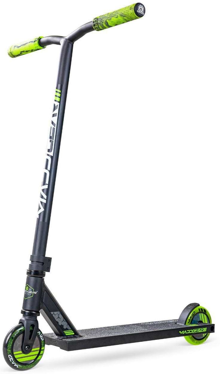 The Madd Gear (MGP) MG 3 Zen Complete Stunt Scooter in Black/Lime features green handlebar grips and wheels, a wide black deck, and bold "MADD GEAR" branding—ideal for your next adventure ride.