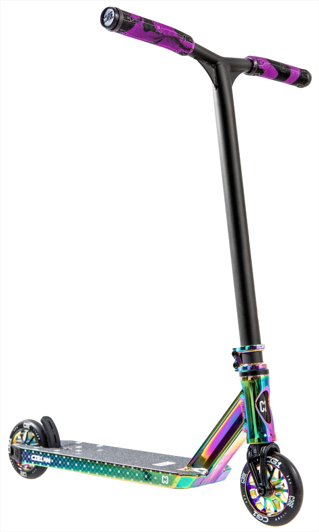 The CORE CG1 Mini Complete Stunt Scooter in Neochrome/Black by CORE features a shiny rainbow deck and wheels, black handlebars with purple grips, and a black stem—ideal for kids at the skatepark, shown on a white background.