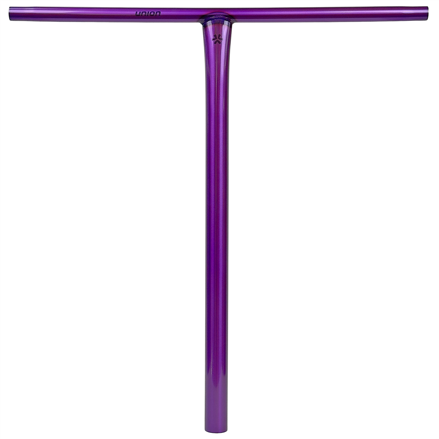 The Union Uniq T Steel Oversized HIC Stunt Scooter Bar in polished purple (650mm x 600mm) features a durable vertical bar with a top crossbar—perfect for riders seeking performance and style.