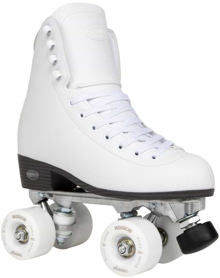 The Rookie Artistic Quad Roller Skates - White by Rookie feature a high-cut vegan leather boot for ankle support, metal frame, white laces and wheels, plus a black toe stop—perfect for those seeking stylish and ethical skating gear.