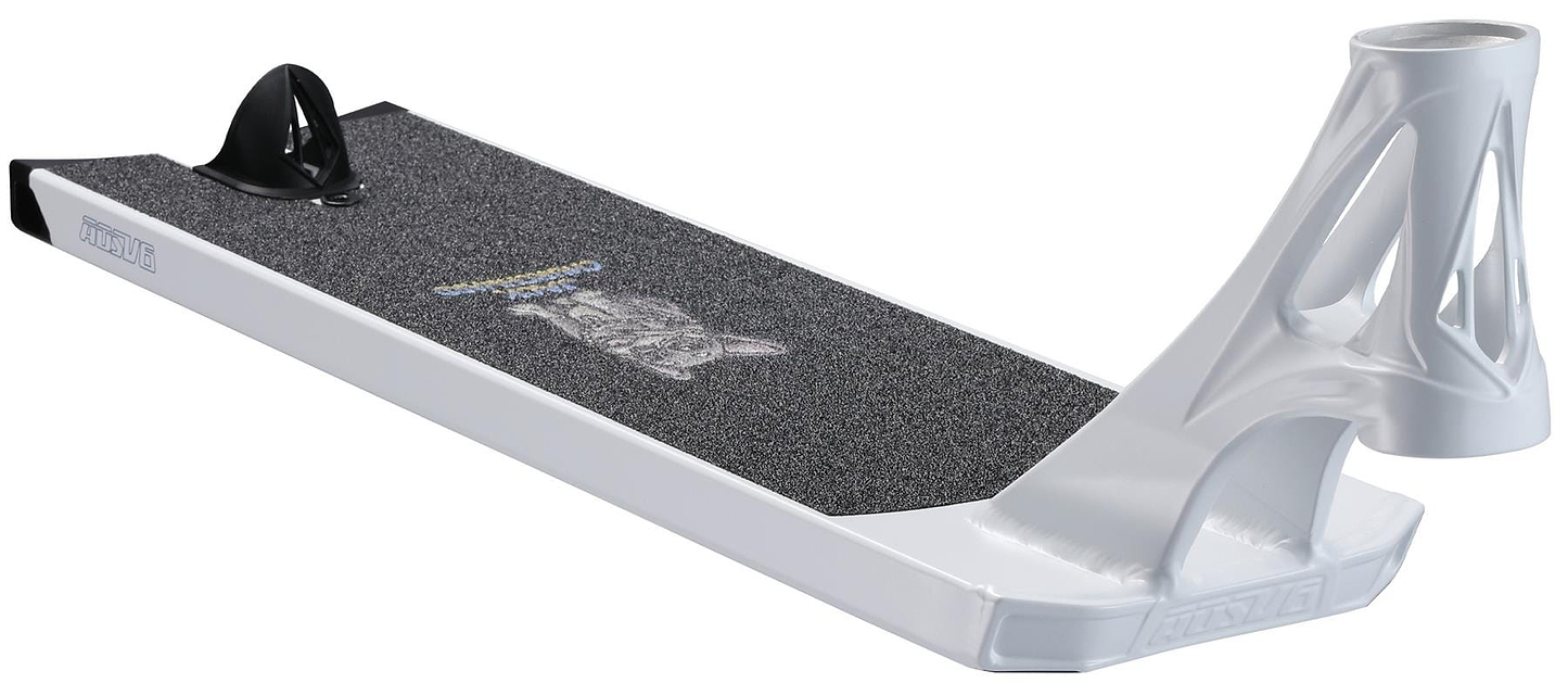 A close-up of the Blunt Envy AOS V6 Jack Churchward Signature Stunt Scooter Deck (6" x 22") with black grip tape and a French bulldog in glasses, featuring an angular open-frame front for style and strength.
