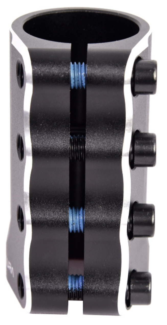 The CORE Aura 4 Bolt Oversized SCS Stunt Scooter Clamp by CORE is a black aluminium clamp with four bolts and wavy silver edges, designed to securely fasten parts on a stunt scooter.
