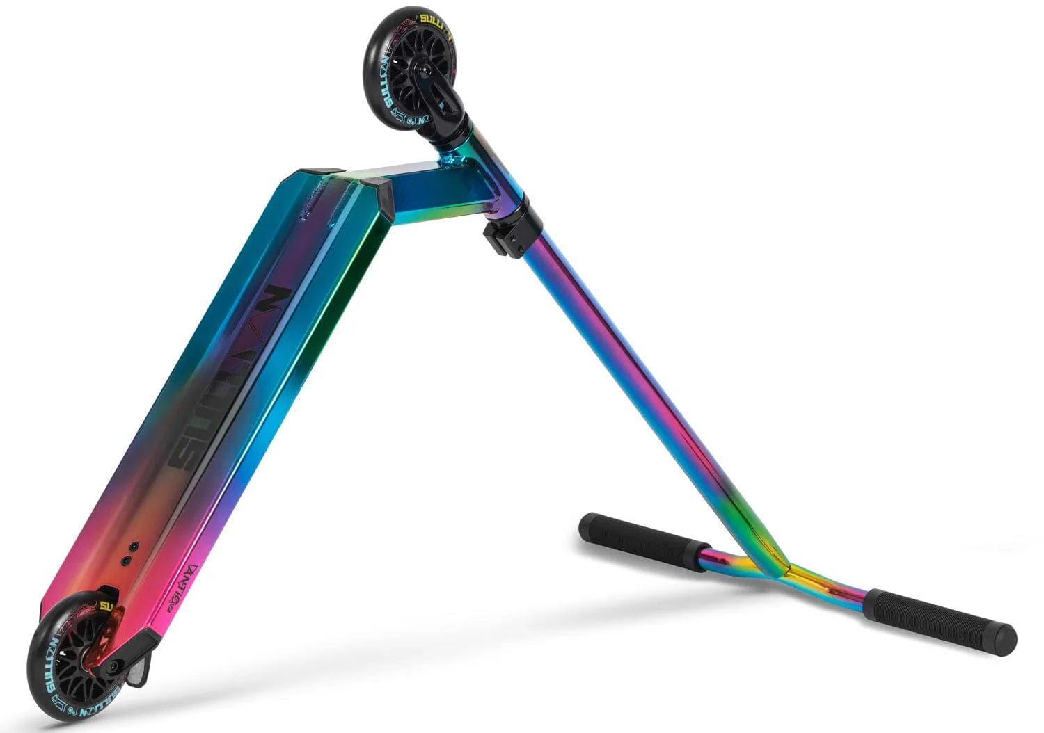 The Sullivan Antic V2 Complete Stunt Scooter - Oil Slick Neochrome by Sullivan features a colorful iridescent finish, black wheels, and black handlebar grips, shown angled on a white background.