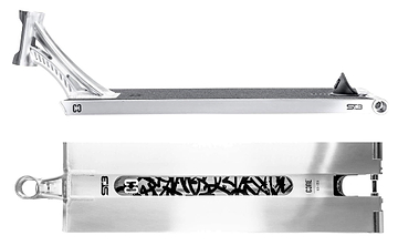 Two views of the CORE ST3 Forged Polished Street Stunt Scooter Deck by CORE (6.5" x 22.5"): side profile with grip tape and headtube, and bottom view featuring black graffiti-style graphics and branding along the center.