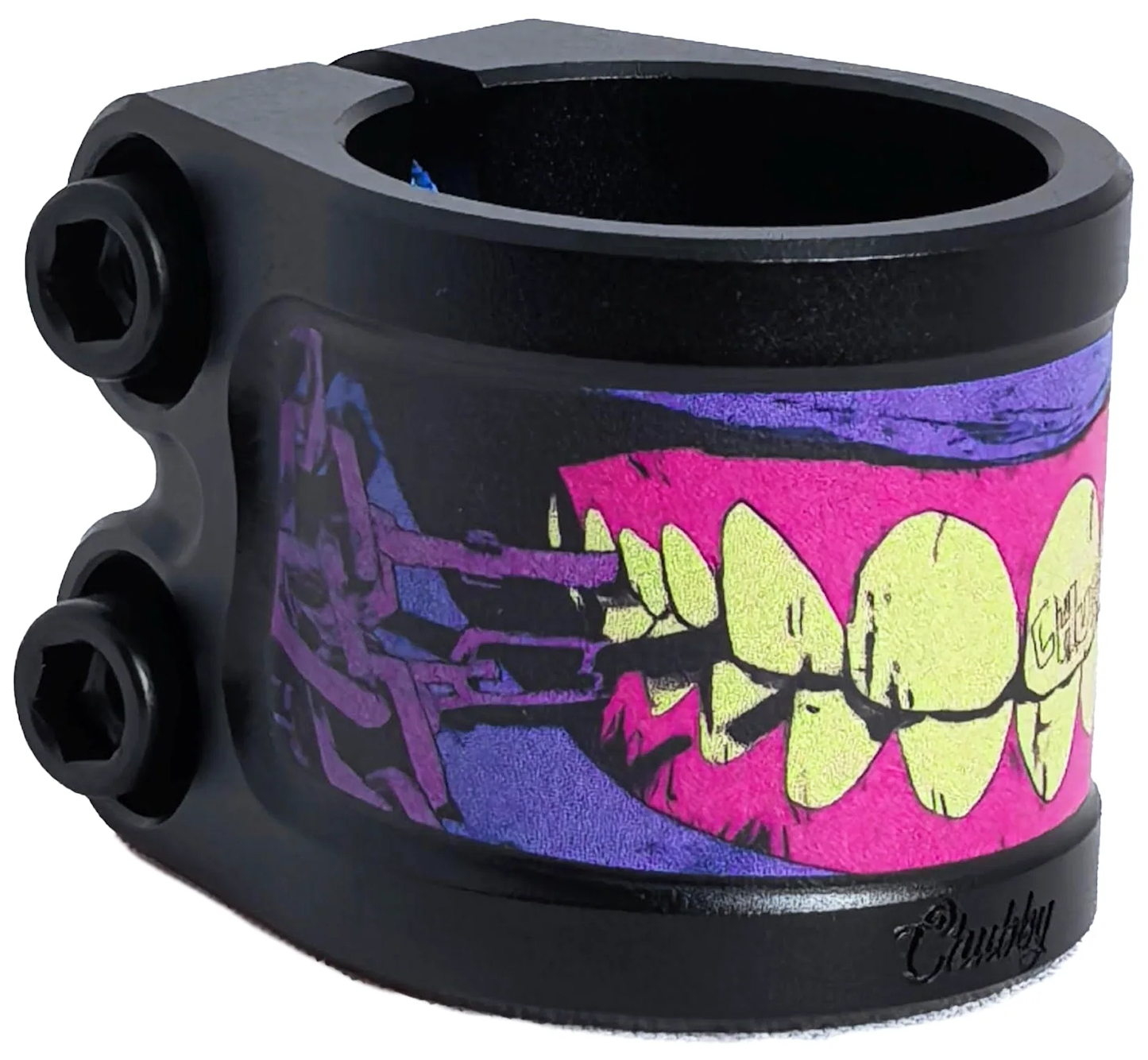 The Chubby Gnasher 2 Bolt Oversized Scooter Clamp by Chubby is made from tough 7075-T6 aluminium and showcases vibrant cartoon yellow teeth and pink gums on a purple-and-black design, with "Chubby" engraved in the lower right corner.