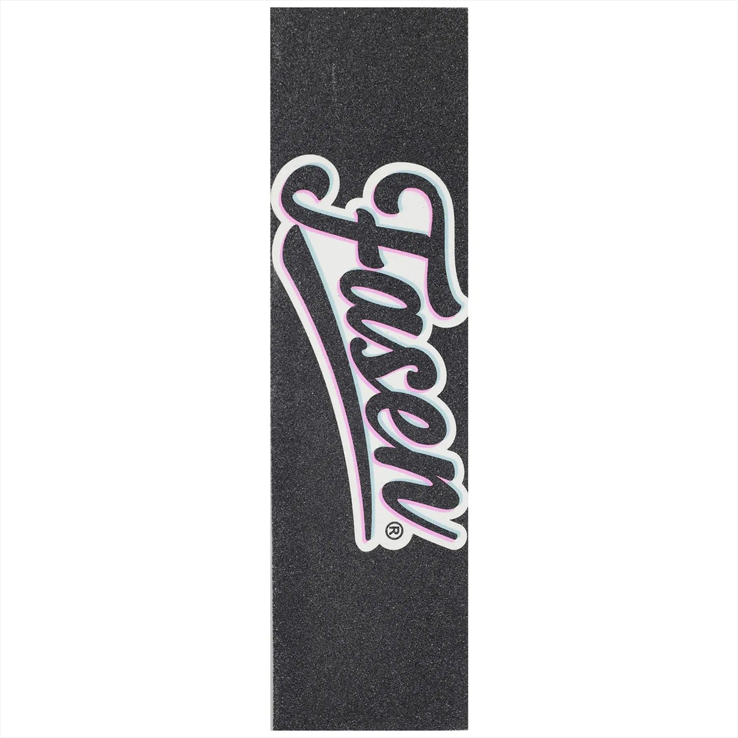 The Fasen Logo Stunt Scooter Griptape - Baseball is a black rectangular griptape from Fasen, featuring bold white “Fasen” lettering with a pink outline—ideal for adding style to your stunt scooter or baseball-themed setup.