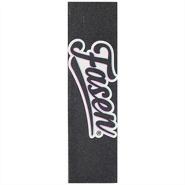 The Fasen Logo Stunt Scooter Griptape - Baseball is a black rectangular griptape from Fasen, featuring bold white “Fasen” lettering with a pink outline—ideal for adding style to your stunt scooter or baseball-themed setup.