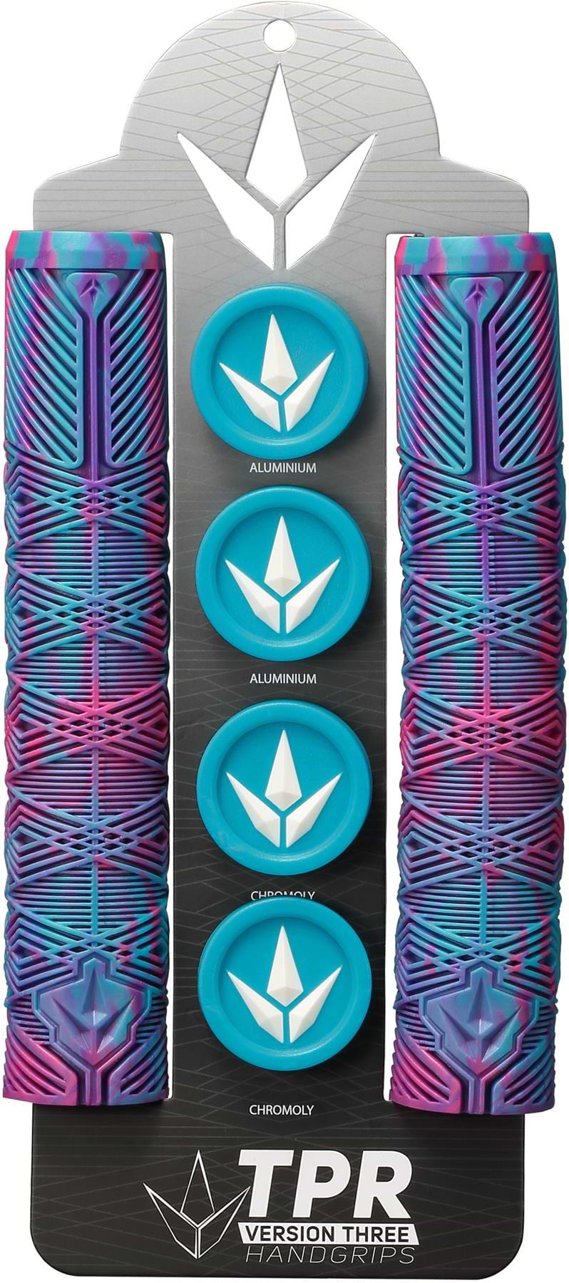 Two vibrant Blunt Envy V3 Pink/Teal/Purple 160mm Stunt Scooter Grips are shown vertically on black packaging with three blue bar ends, designed for Aluminum, Custom Alloy, and Chromoly bars.