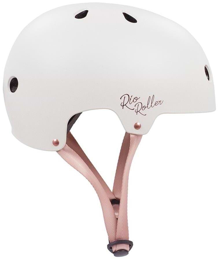 The Rio Roller Rose Skate/Scooter Helmet in cream features a matte finish, the "Rio Roller" logo, ventilation holes, and an adjustable pink strap with a buckle—perfect for scooter enthusiasts seeking style and safety.