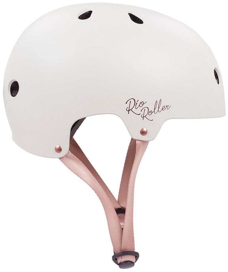 The Rio Roller Rose Skate/Scooter Helmet in cream features a matte finish, the "Rio Roller" logo, ventilation holes, and an adjustable pink strap with a buckle—perfect for scooter enthusiasts seeking style and safety.