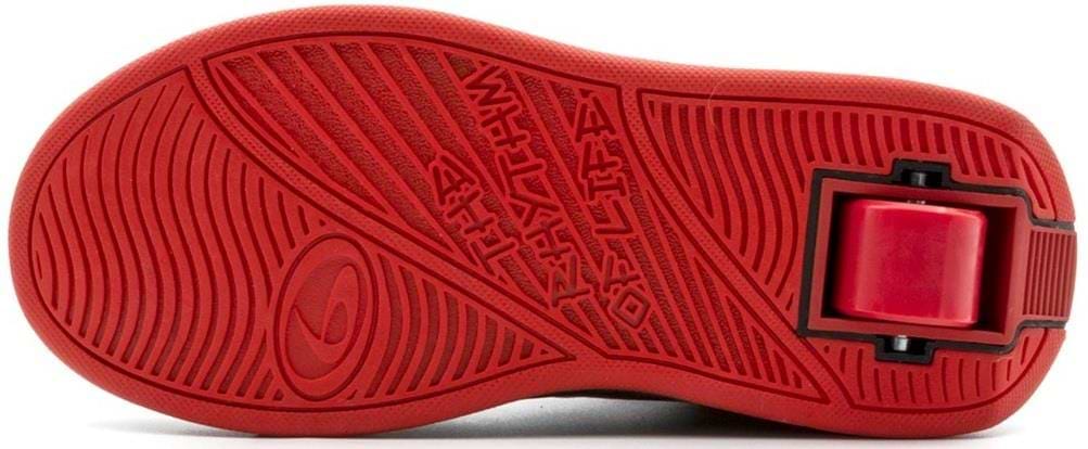 The image shows the red rubber sole with grooves and a patented wheel in the heel of Breezy Rollers Jumper Shoes (White/Grey/Red) by Breezy Rollers.