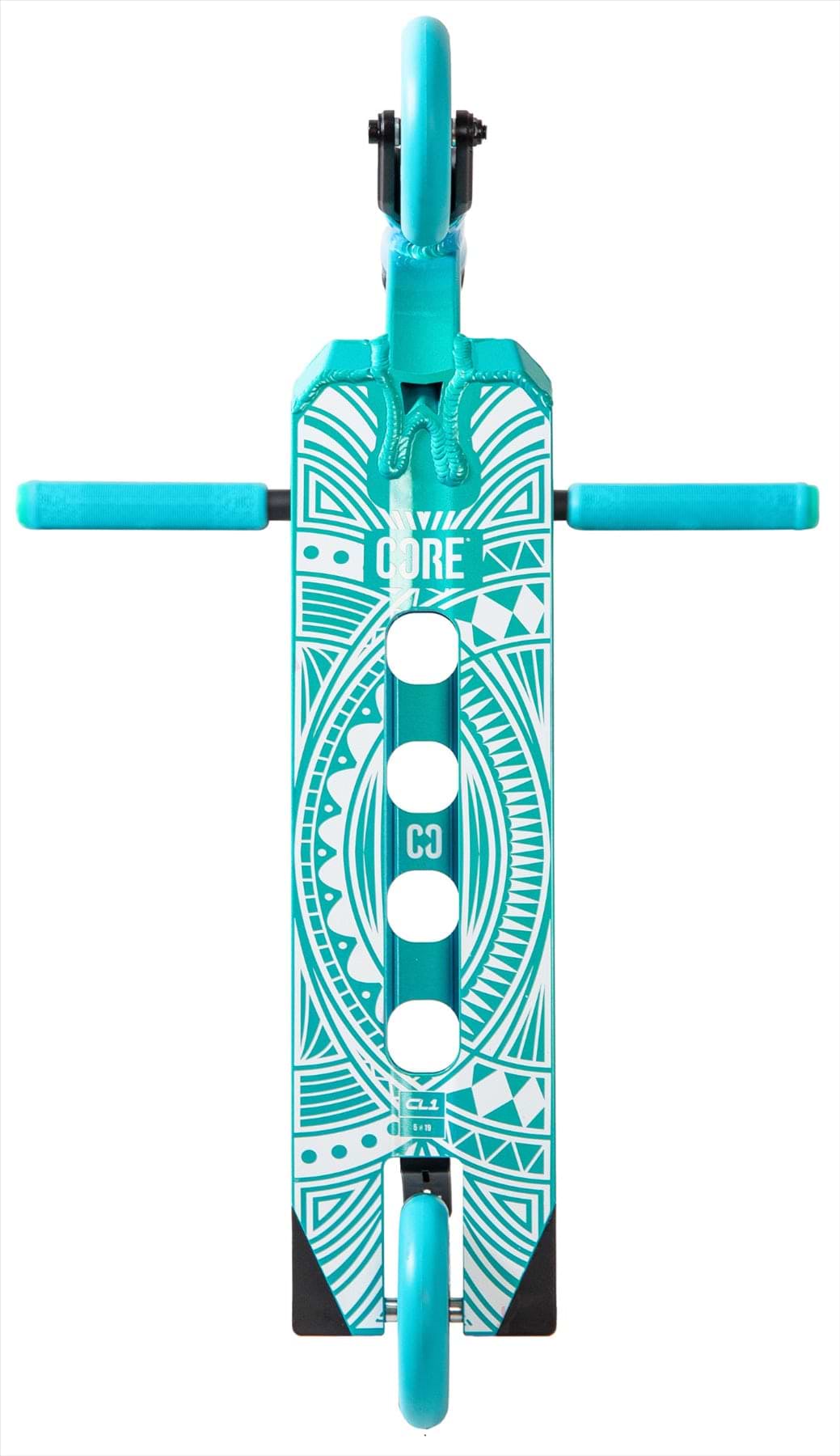 A top-down view of the CORE CL1 Complete Stunt Scooter - Turtlesent in turquoise, featuring geometric patterns and bold white circles on the deck, with matching handlebar grips and wheels—perfect for skatepark enthusiasts.