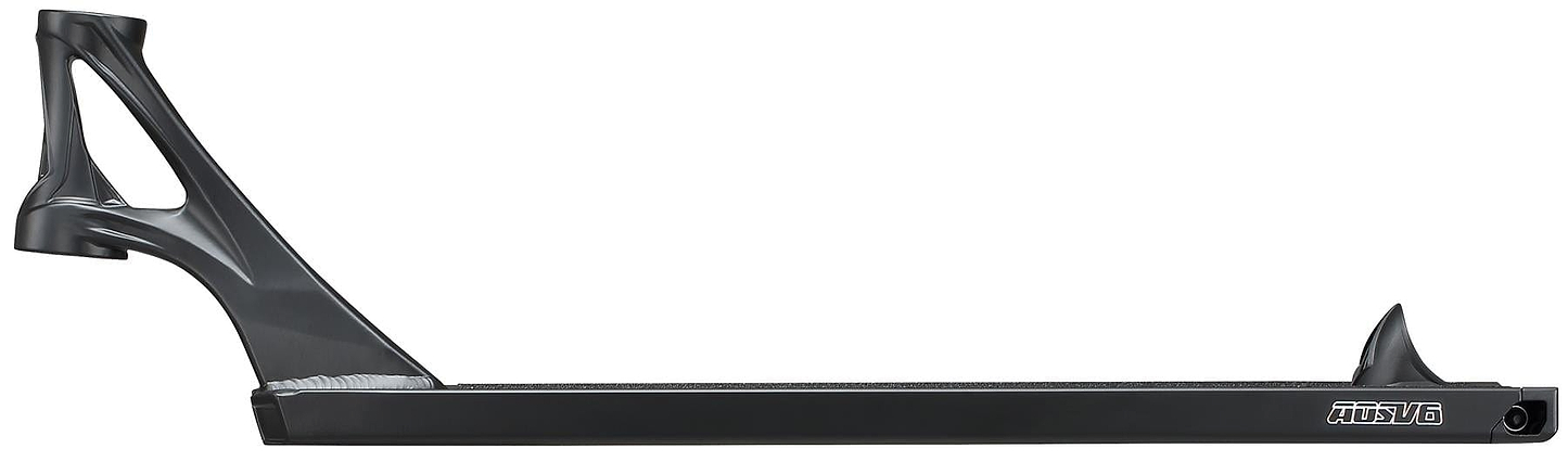 Side view of the Blunt Envy AOS V6 Squad Black Stunt Scooter Deck (5.5" x 22") with an angled head tube on the left, flat surface, and a small rear wheel mount. The Blunt Envy logo is visible near the back.