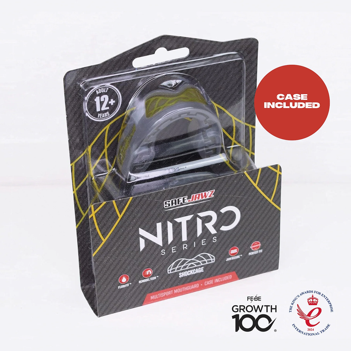 The Safejawz Nitro Series Protection Mouthguard in Grey/Yellow, for ages 12+, comes with a clear case. Black and gray packaging shows a "CASE INCLUDED" badge, plus anti-microbial and quality logos at the bottom right.