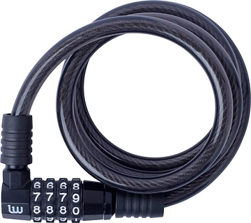 The Longway Code Spiral Scooter Lock by Longway is a coiled black lock with a combination dial showing 6, 7, 8, and 9. Ideal for scooters, it can also secure bicycles or other valuables.