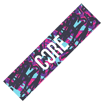 A rectangular banner with a vibrant, abstract design in shades of purple, blue, and pink prominently displays the text "CORE" in bold white uppercase letters at the center. This striking design emphasizes the CORE Classic Stunt Scooter Griptape - Neon Splat, ensuring ultimate grip for any stunt scooter enthusiast.