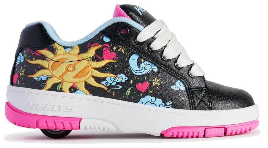 The Heelys Kolect Prints Girls Shoes in black, blue, and neon pink feature fun suns, stars, hearts, and clouds that glow in the dark. With white laces and a wheel in the heel, these Heelys offer rolling fun and eye-catching style.