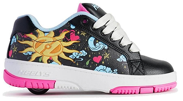 The Heelys Kolect Prints Girls Shoes in black, blue, and neon pink feature fun suns, stars, hearts, and clouds that glow in the dark. With white laces and a wheel in the heel, these Heelys offer rolling fun and eye-catching style.